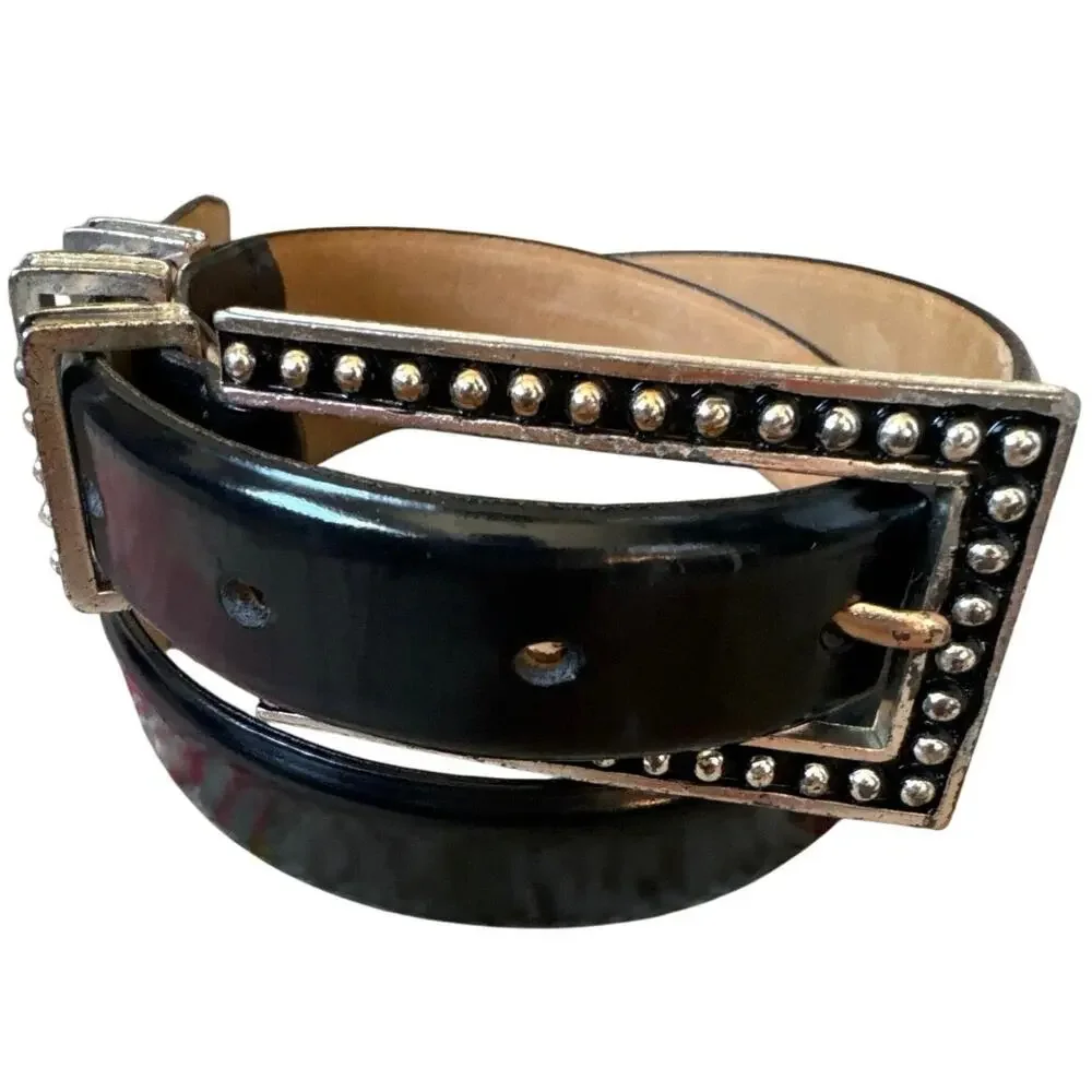 Carlisle‎ Black Italian Calfskin Belt Silver Tone Studded Look Hardware Small